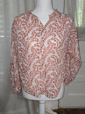 LOFT White and Coral Printed Button-Front Blouse